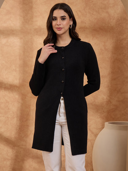 Women’s Longline Full-Sleeve Button-Front Cardigan Black