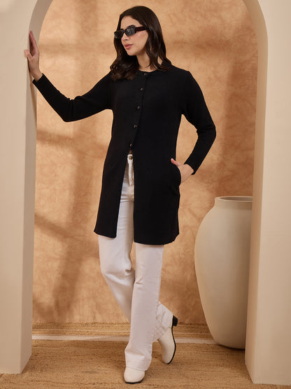 Women’s Longline Full-Sleeve Button-Front Cardigan Black