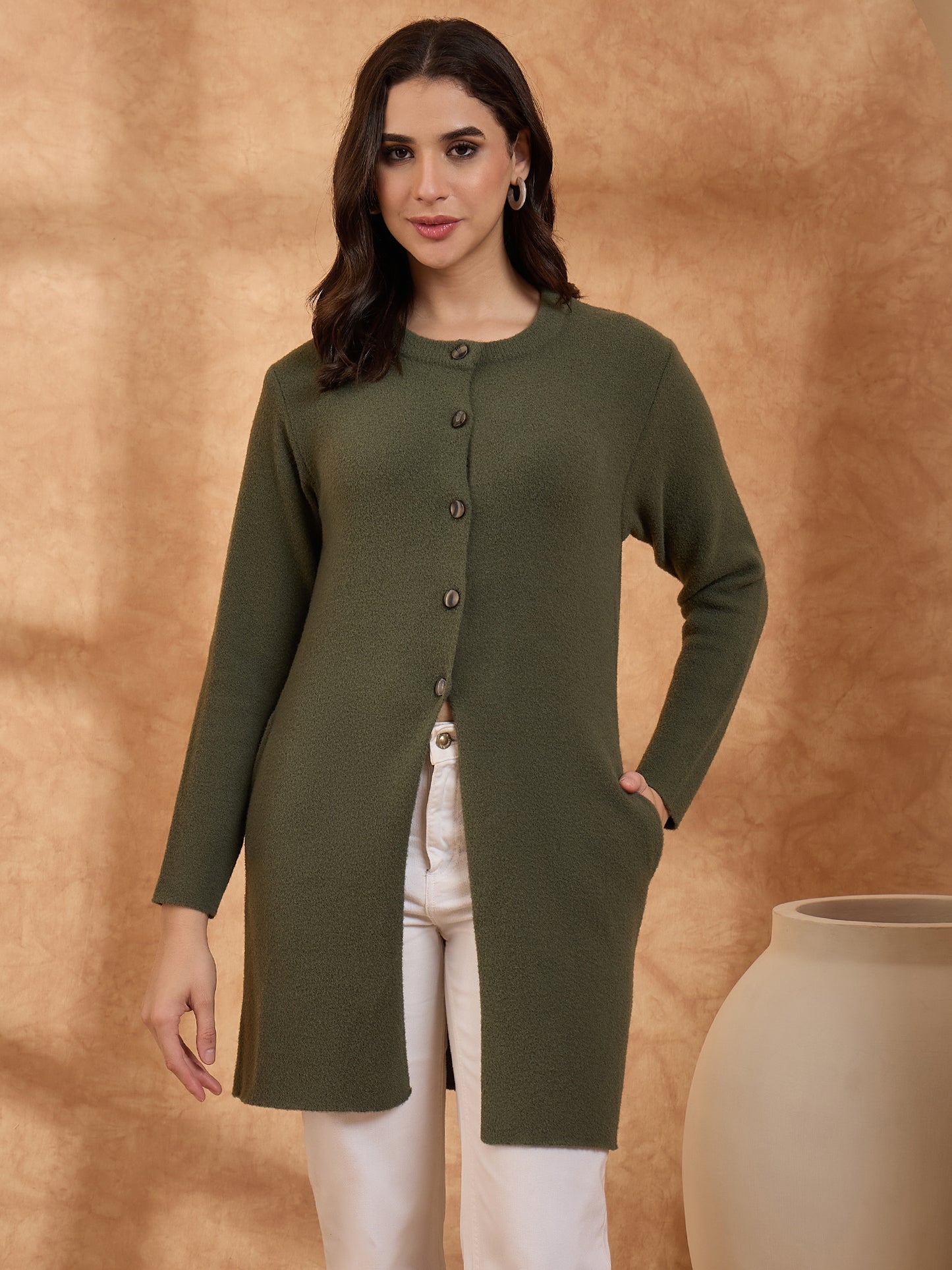Women’s Longline Full-Sleeve Button-Front Cardigan Green