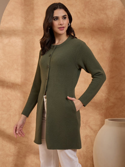 Women’s Longline Full-Sleeve Button-Front Cardigan Green