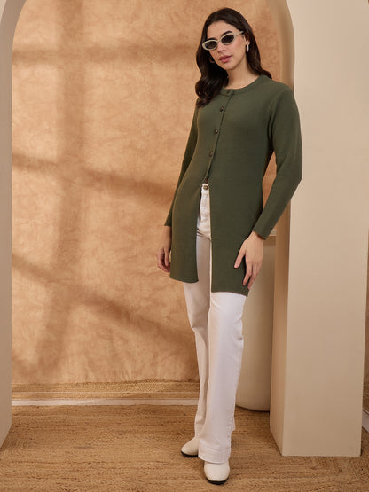 Women’s Longline Full-Sleeve Button-Front Cardigan Green