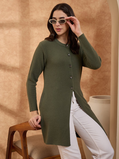 Women’s Longline Full-Sleeve Button-Front Cardigan Green