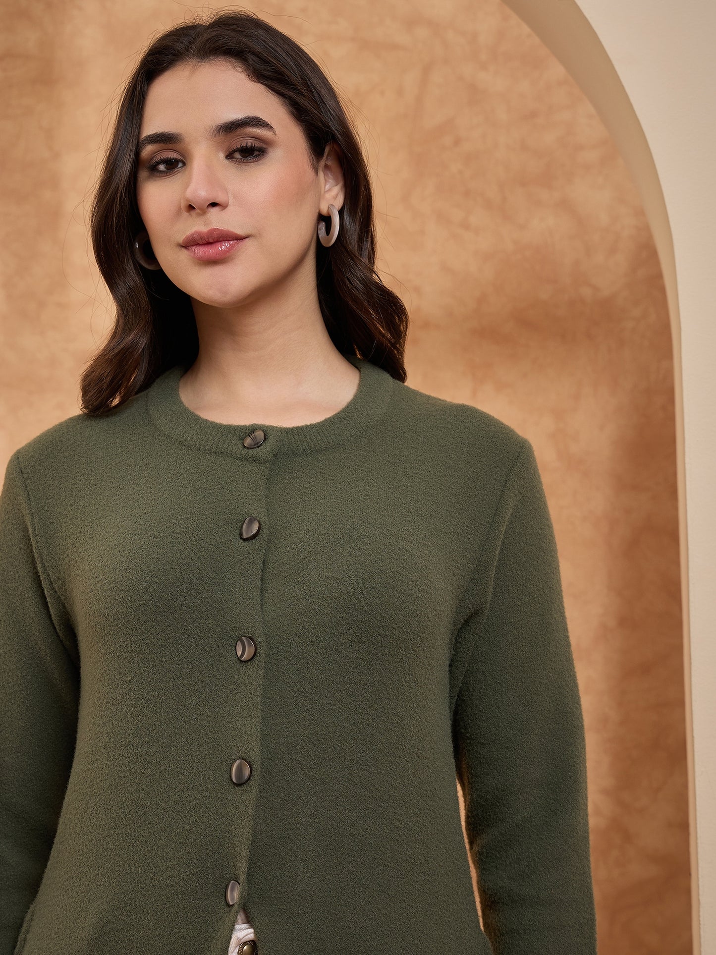 Women’s Longline Full-Sleeve Button-Front Cardigan Green