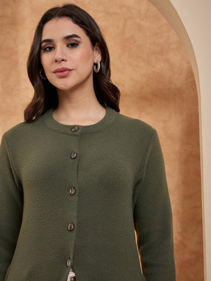 Women’s Longline Full-Sleeve Button-Front Cardigan Green