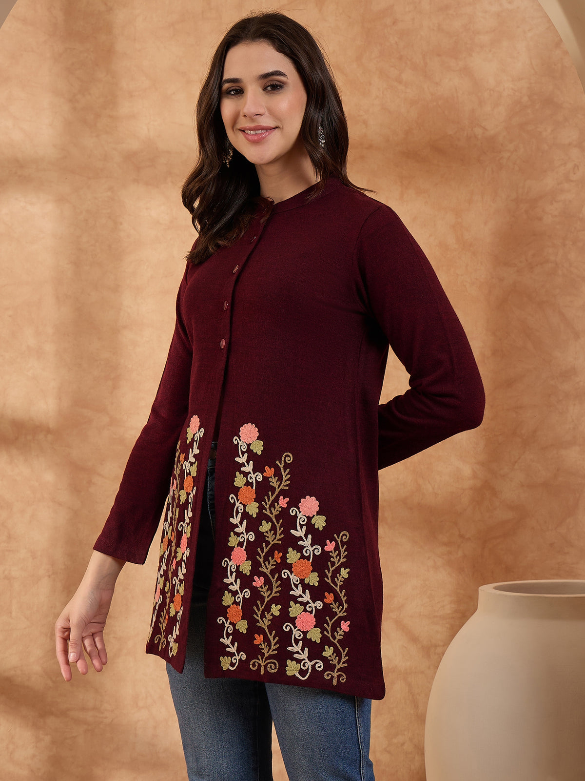 Women's Maroon Floral Embroidered Long Cardigan, Button-Front, Round Neck, Full Sleeves