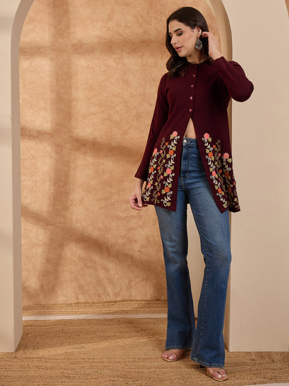 Women's Maroon Floral Embroidered Long Cardigan, Button-Front, Round Neck, Full Sleeves