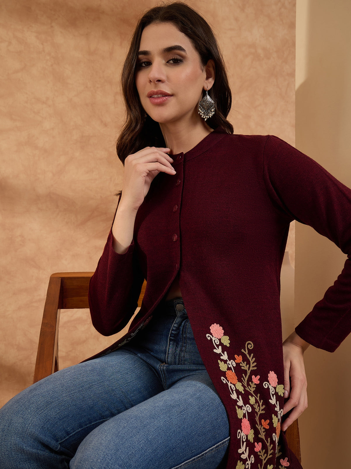 Women's Maroon Floral Embroidered Long Cardigan, Button-Front, Round Neck, Full Sleeves