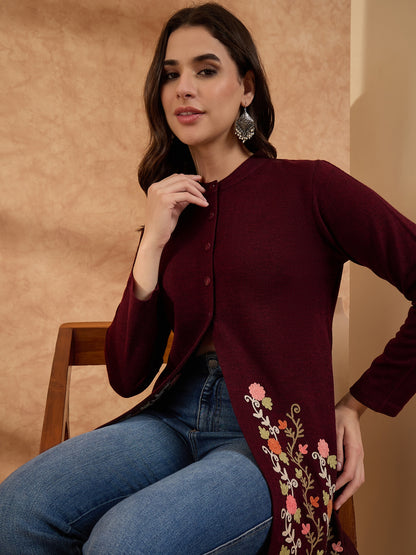 Women's Maroon Floral Embroidered Long Cardigan, Button-Front, Round Neck, Full Sleeves