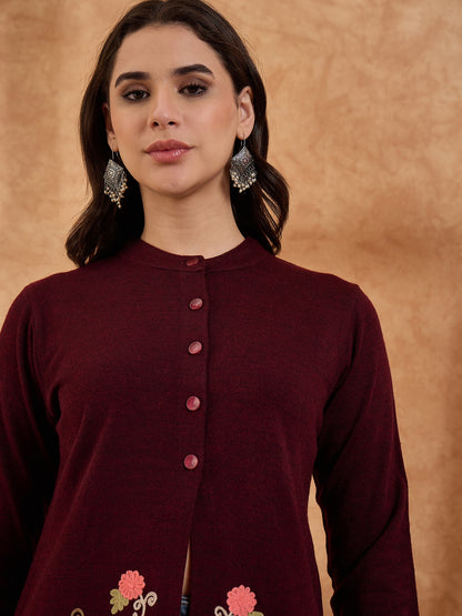 Women's Maroon Floral Embroidered Long Cardigan, Button-Front, Round Neck, Full Sleeves