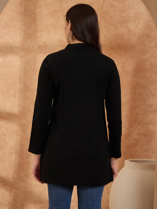 Women's Black Floral Embroidered Long Cardigan, Button-Front, Round Neck, Full Sleeves