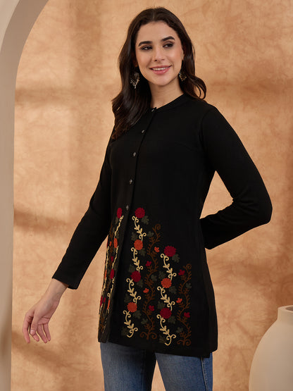 Women's Black Floral Embroidered Long Cardigan, Button-Front, Round Neck, Full Sleeves
