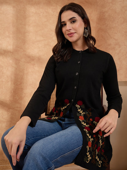 Women's Black Floral Embroidered Long Cardigan, Button-Front, Round Neck, Full Sleeves