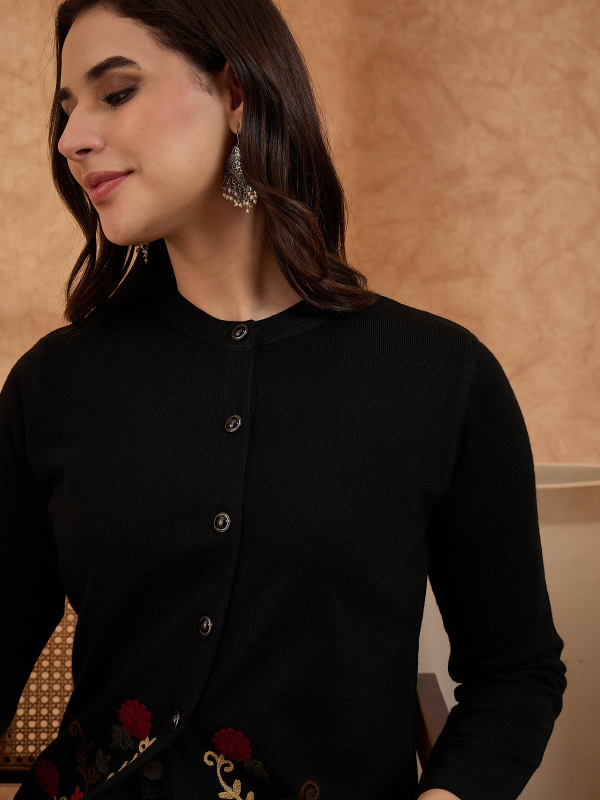 Women's Black Floral Embroidered Long Cardigan, Button-Front, Round Neck, Full Sleeves