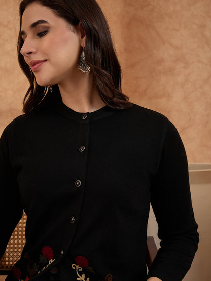 Women's Black Floral Embroidered Long Cardigan, Button-Front, Round Neck, Full Sleeves