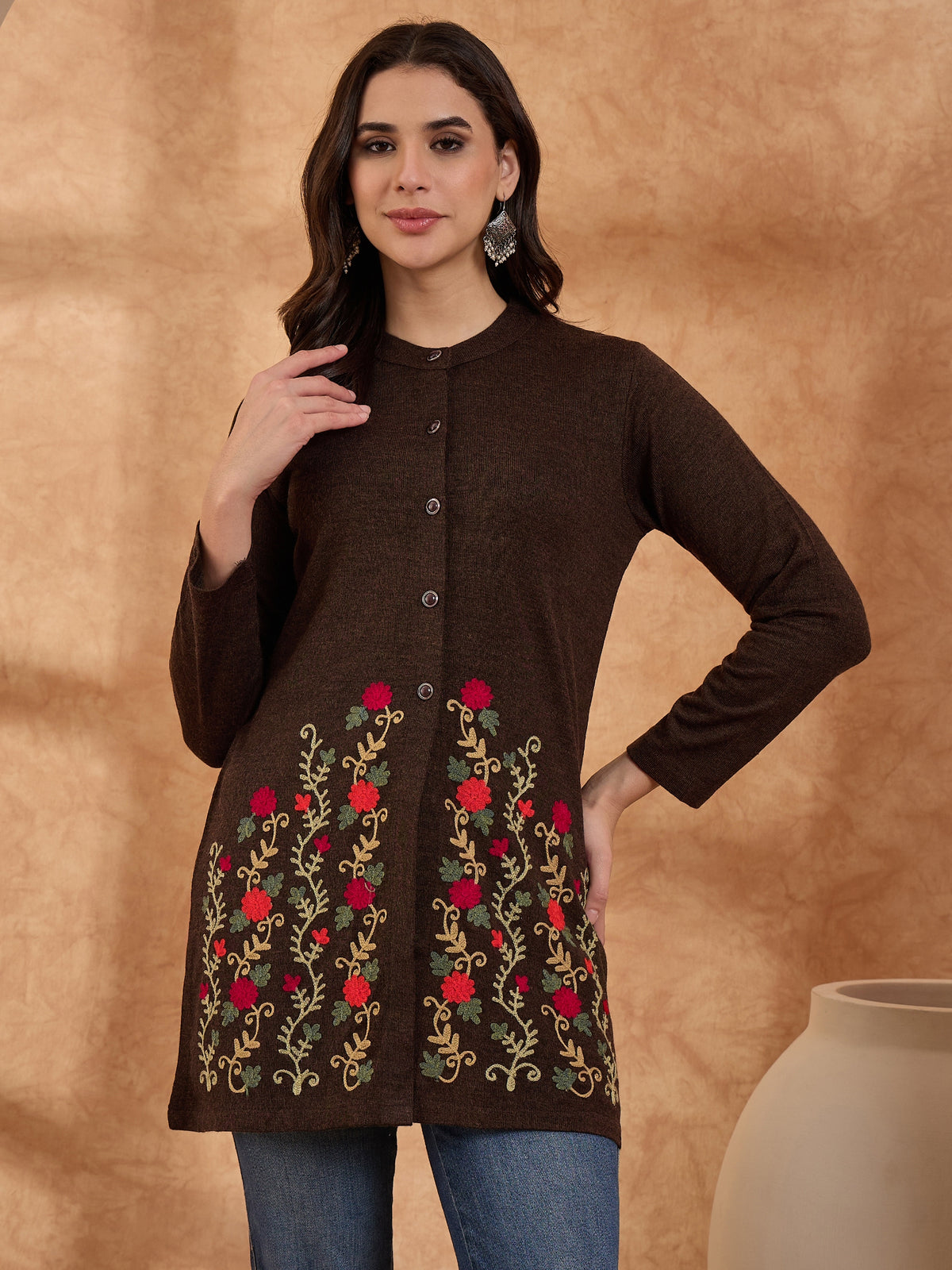 Women's Mixture Floral Embroidered Long Cardigan, Button-Front, Round Neck, Full Sleeves