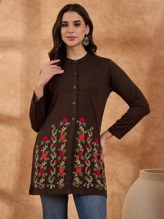Women's Mixture Floral Embroidered Long Cardigan, Button-Front, Round Neck, Full Sleeves