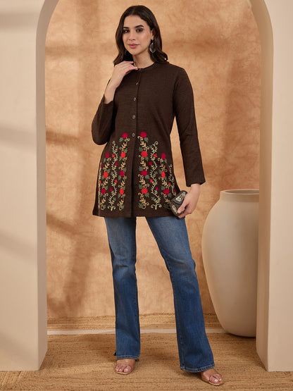 Women's Mixture Floral Embroidered Long Cardigan, Button-Front, Round Neck, Full Sleeves