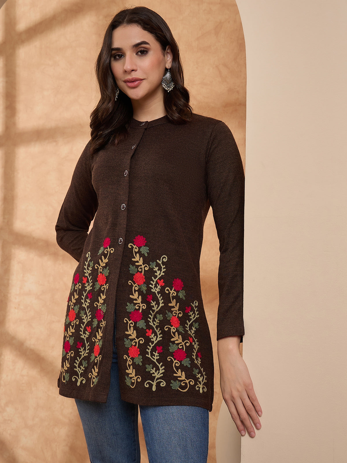 Women's Mixture Floral Embroidered Long Cardigan, Button-Front, Round Neck, Full Sleeves