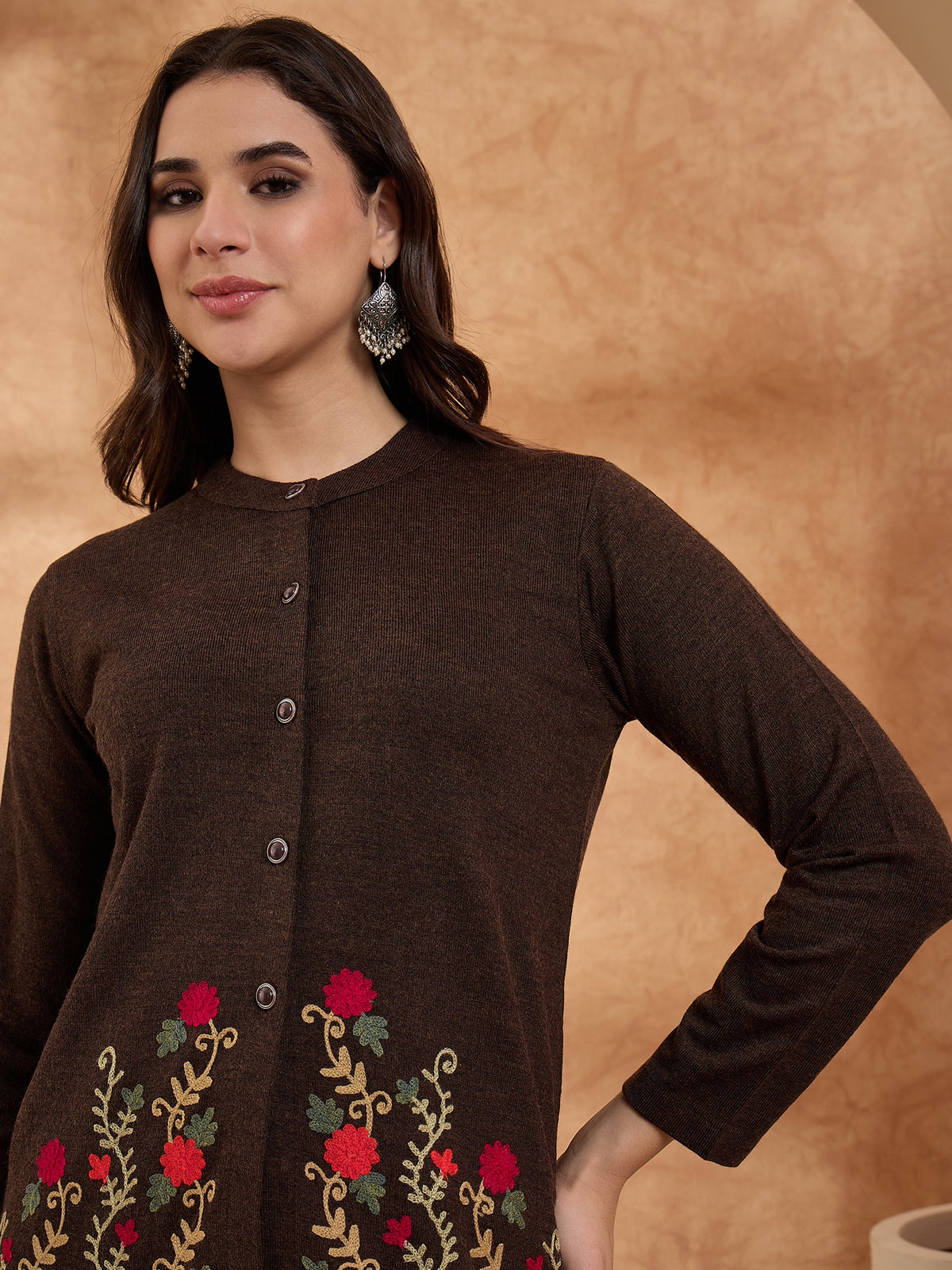 Women's Mixture Floral Embroidered Long Cardigan, Button-Front, Round Neck, Full Sleeves
