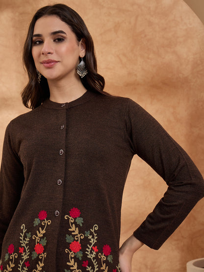 Women's Mixture Floral Embroidered Long Cardigan, Button-Front, Round Neck, Full Sleeves