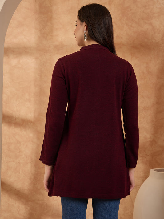 Women's Maroon Floral Embroidered Long Cardigan, Button-Front, Round Neck, Full Sleeves