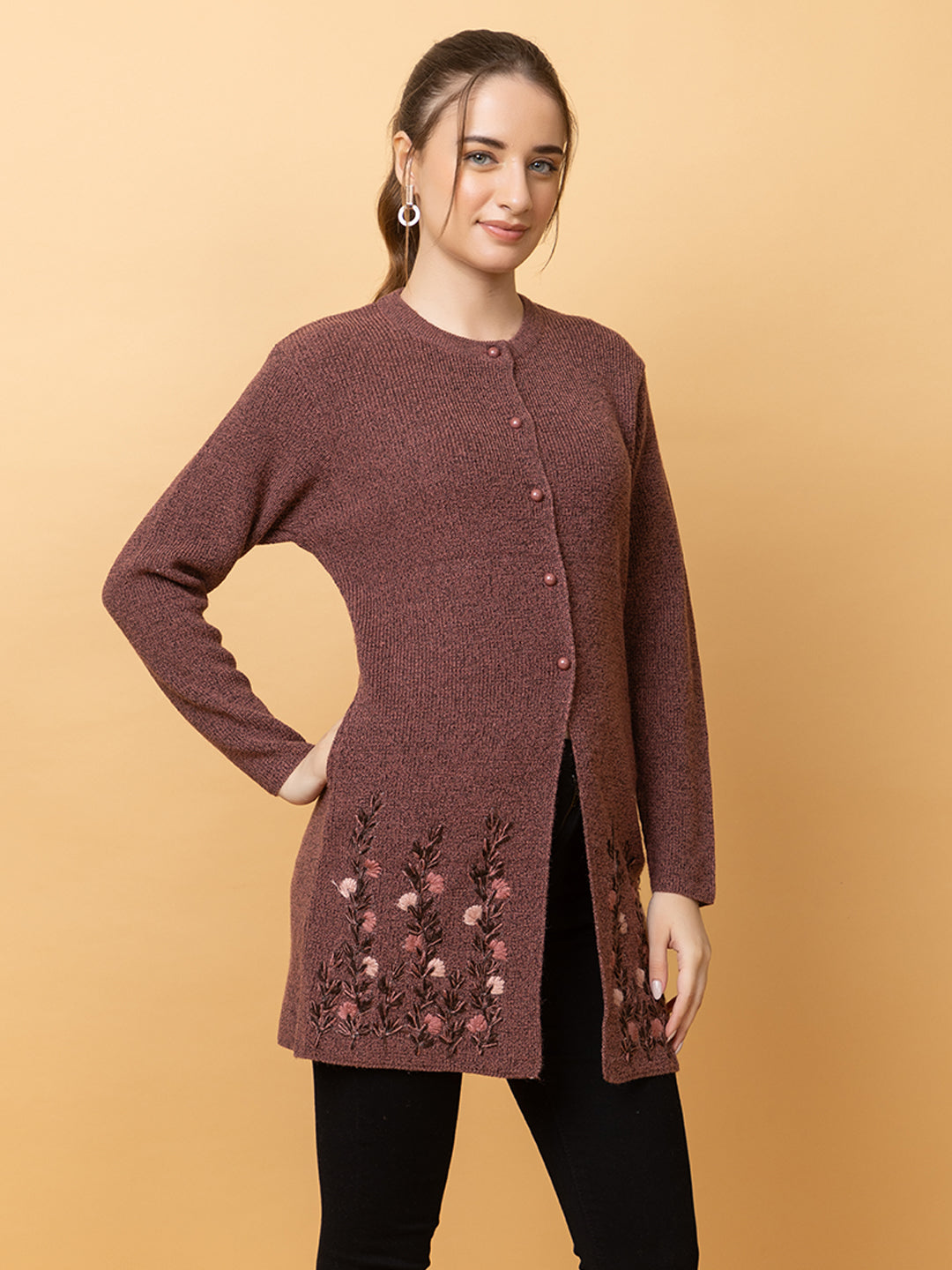 Wool Blend Round Neck Peach Long Shrug Dark peach