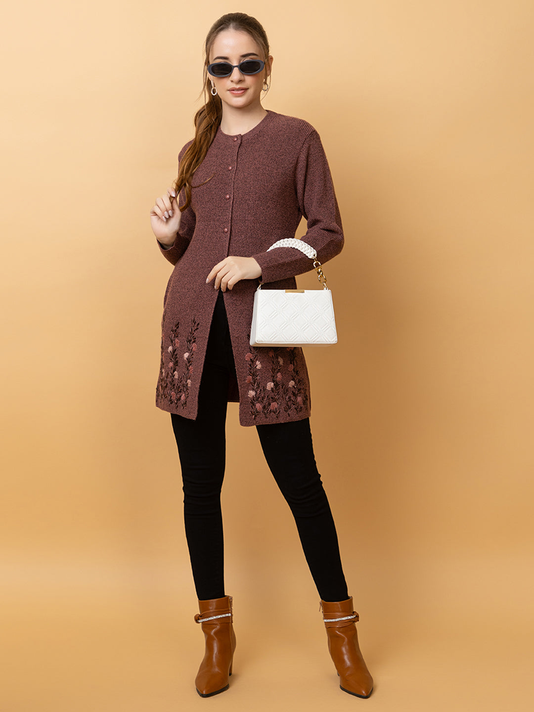 Wool Blend Round Neck Peach Long Shrug Dark peach