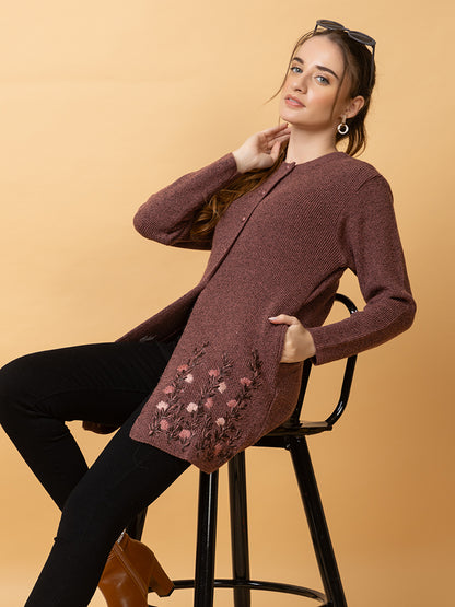 Wool Blend Round Neck Peach Long Shrug Dark peach
