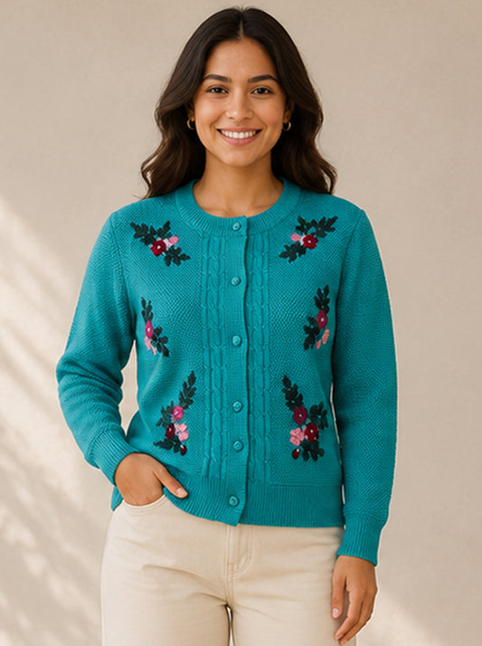 Women'S  Floral Embroidered Knit Cardigan, Round Neck, Button-Front, Long Sleeve Sweater Pista