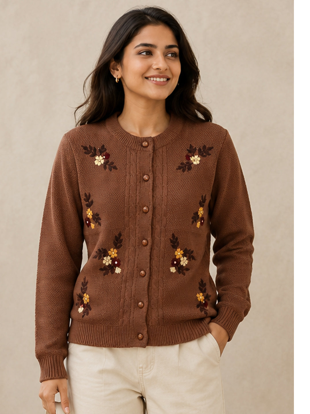 Women'S  Floral Embroidered Knit Cardigan, Round Neck, Button-Front, Long Sleeve Sweater Brown