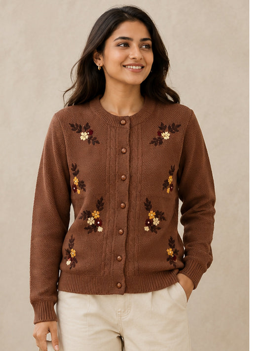 Women'S  Floral Embroidered Knit Cardigan, Round Neck, Button-Front, Long Sleeve Sweater Brown