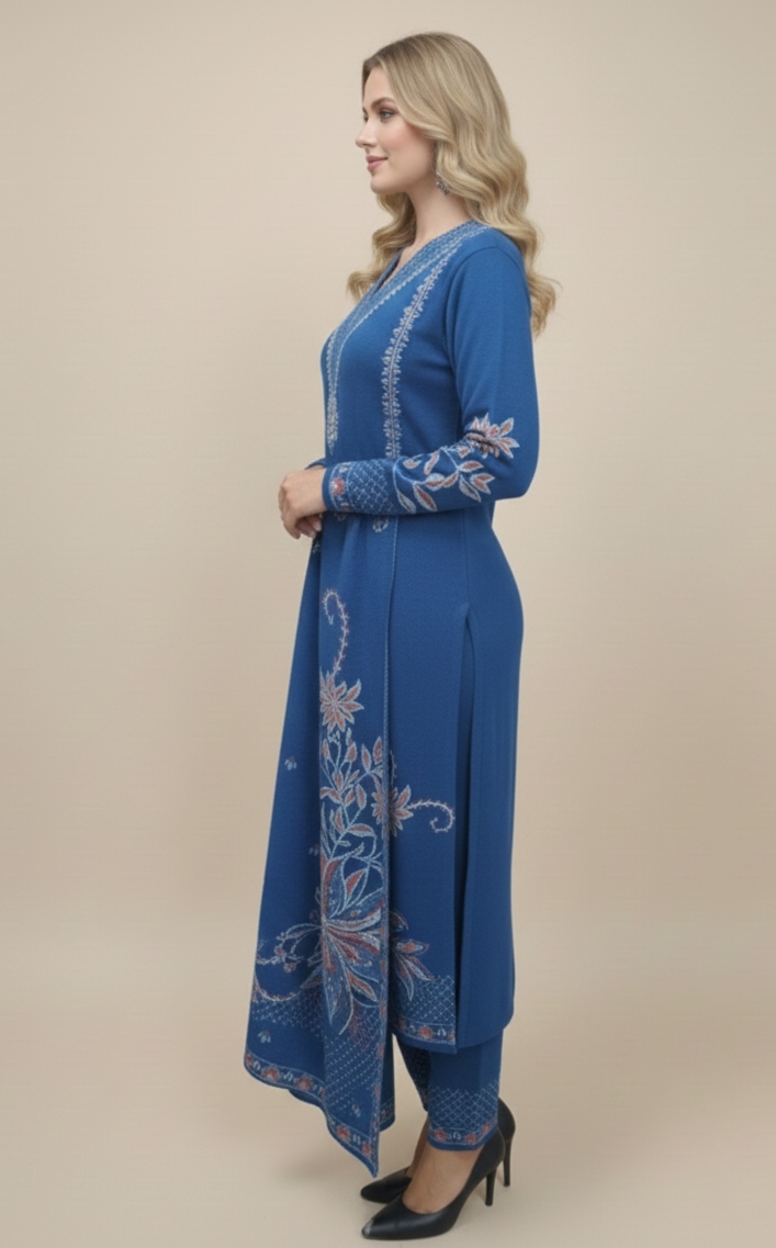 Clapton Embroidered Straight Kurta Pant With Dupatta Set Sky