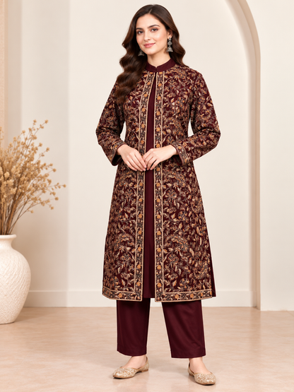 Embroidered 3-Piece Co-ord Shrug Set with Straight Pants and Inner Tank Top MAROON