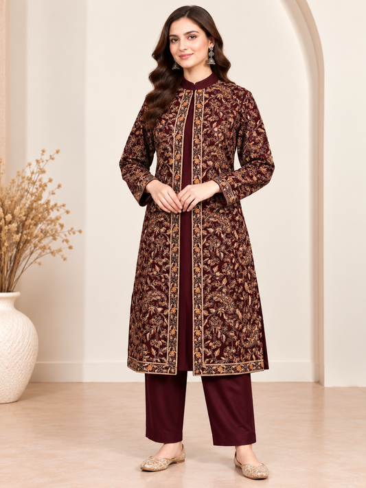 Embroidered 3-Piece Co-ord Shrug Set with Straight Pants and Inner Tank Top MAROON