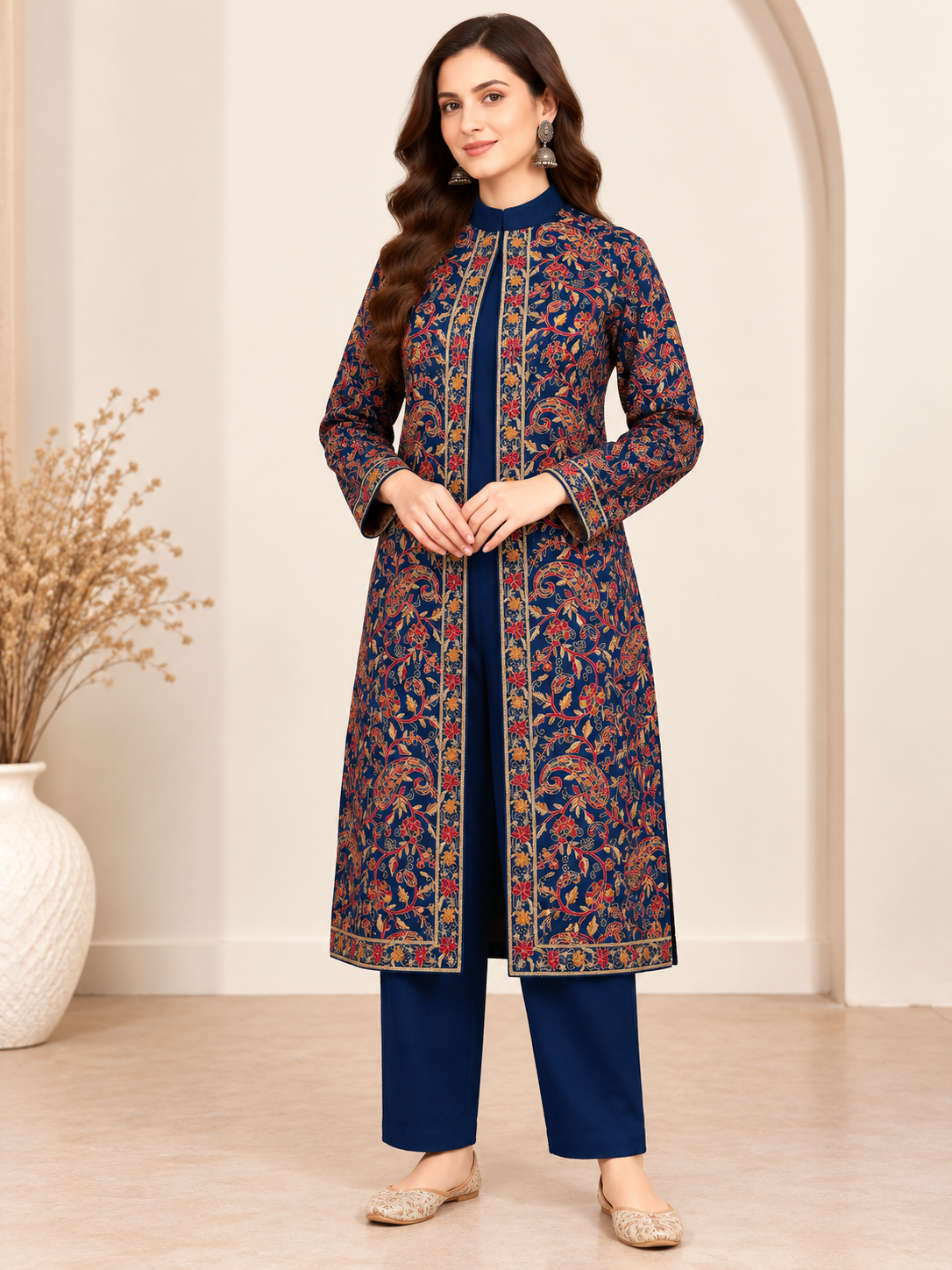 Embroidered 3-Piece Co-ord Shrug Set with Straight Pants and Inner Tank Top Blue