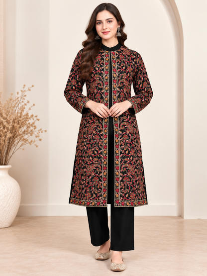 Embroidered 3-Piece Co-ord Shrug Set with Straight Pants and Inner Tank Top Black