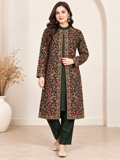 Embroidered 3-Piece Co-ord Shrug Set with Straight Pants and Inner Tank Top GREEN