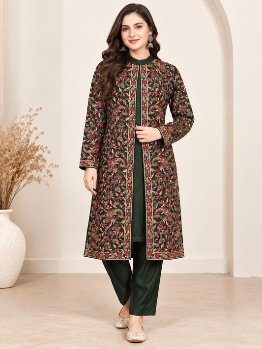 Embroidered 3-Piece Co-ord Shrug Set with Straight Pants and Inner Tank Top GREEN
