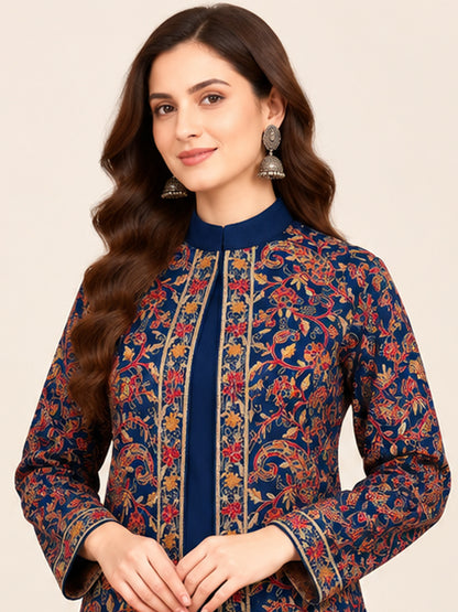 Embroidered 3-Piece Co-ord Shrug Set with Straight Pants and Inner Tank Top Blue