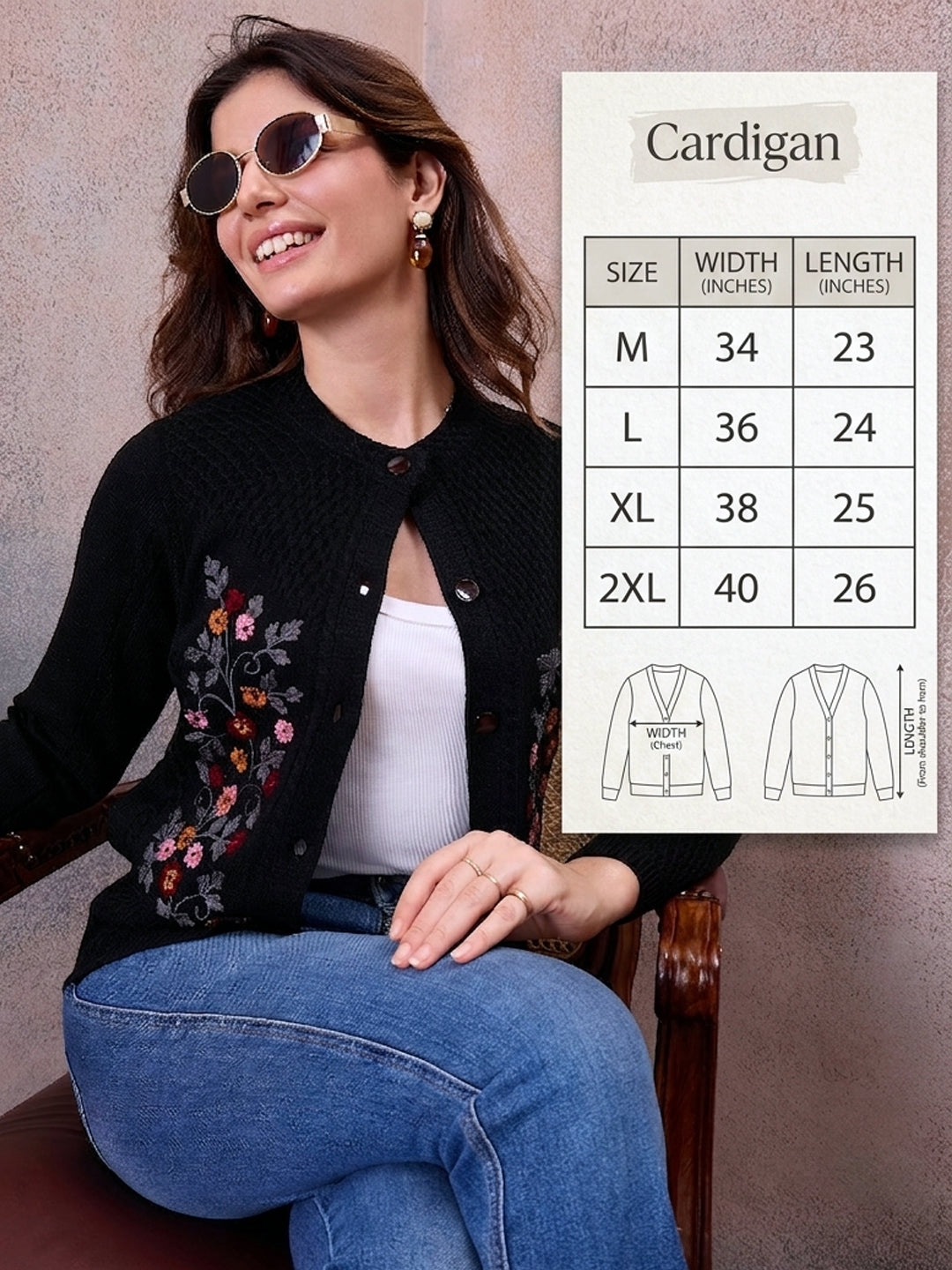 Women’s Floral Embroidered Button-Front Knit Cardigan Black