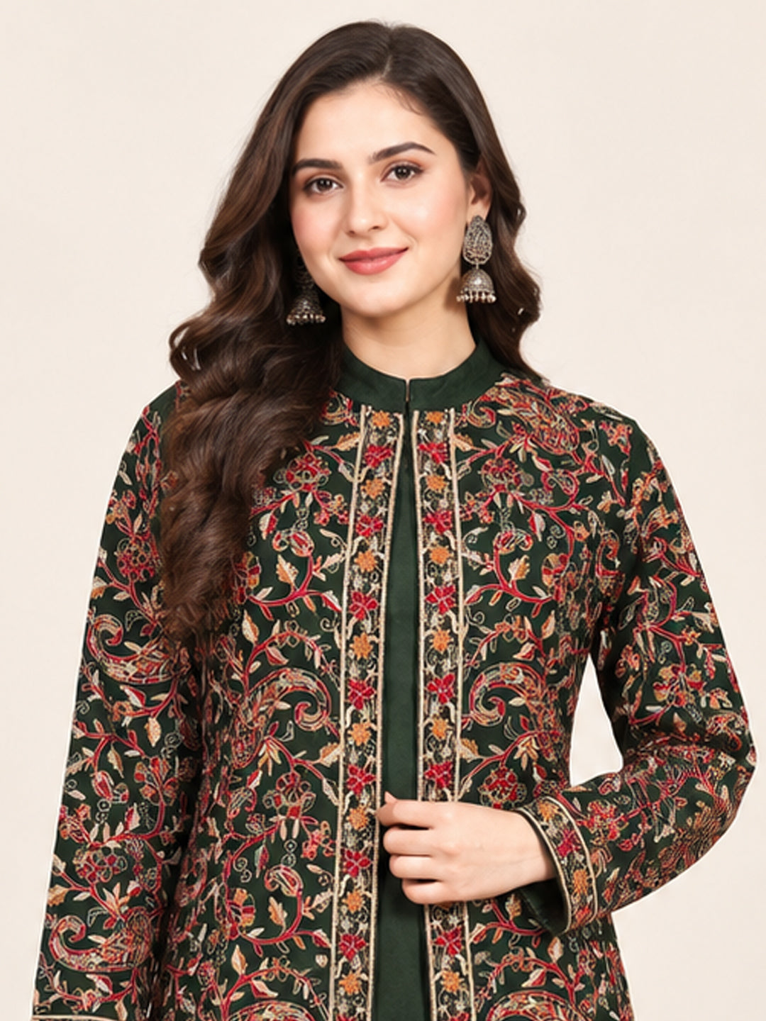 Embroidered 3-Piece Co-ord Shrug Set with Straight Pants and Inner Tank Top GREEN