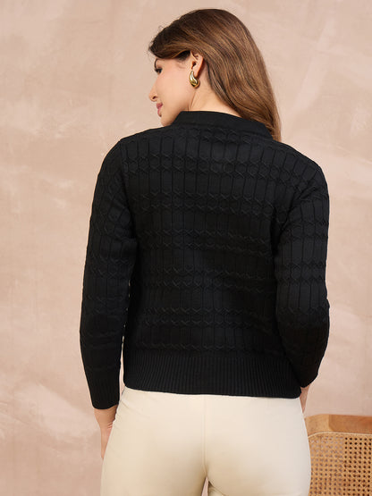 Floral Embroidered Honeycomb Cable-Knit Cardigan BLACK