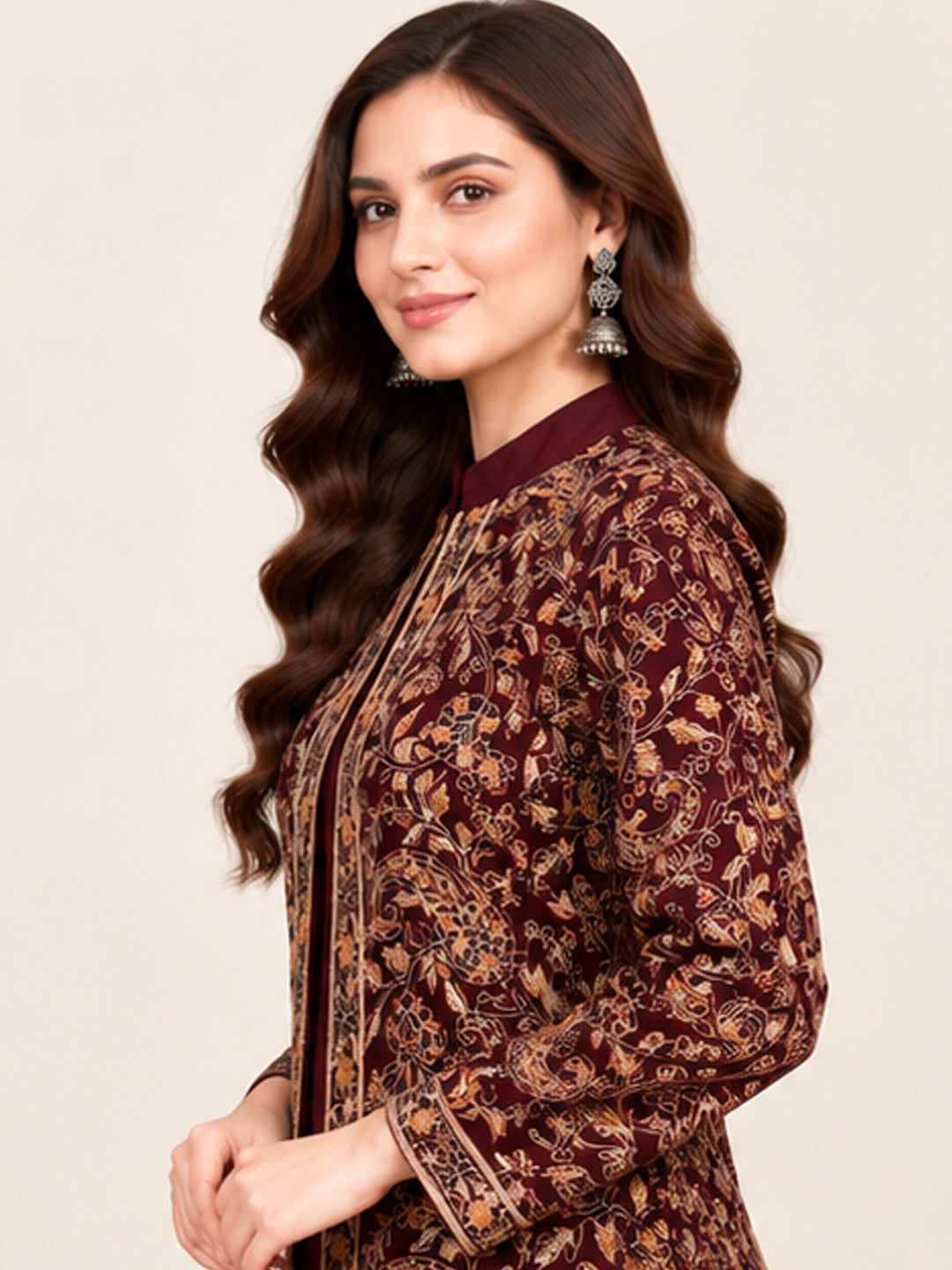 Embroidered 3-Piece Co-ord Shrug Set with Straight Pants and Inner Tank Top MAROON