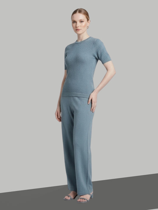 Clapton Knitted Summer Wear Co-Ord Set Top & Straight-Leg Trousers Firozi