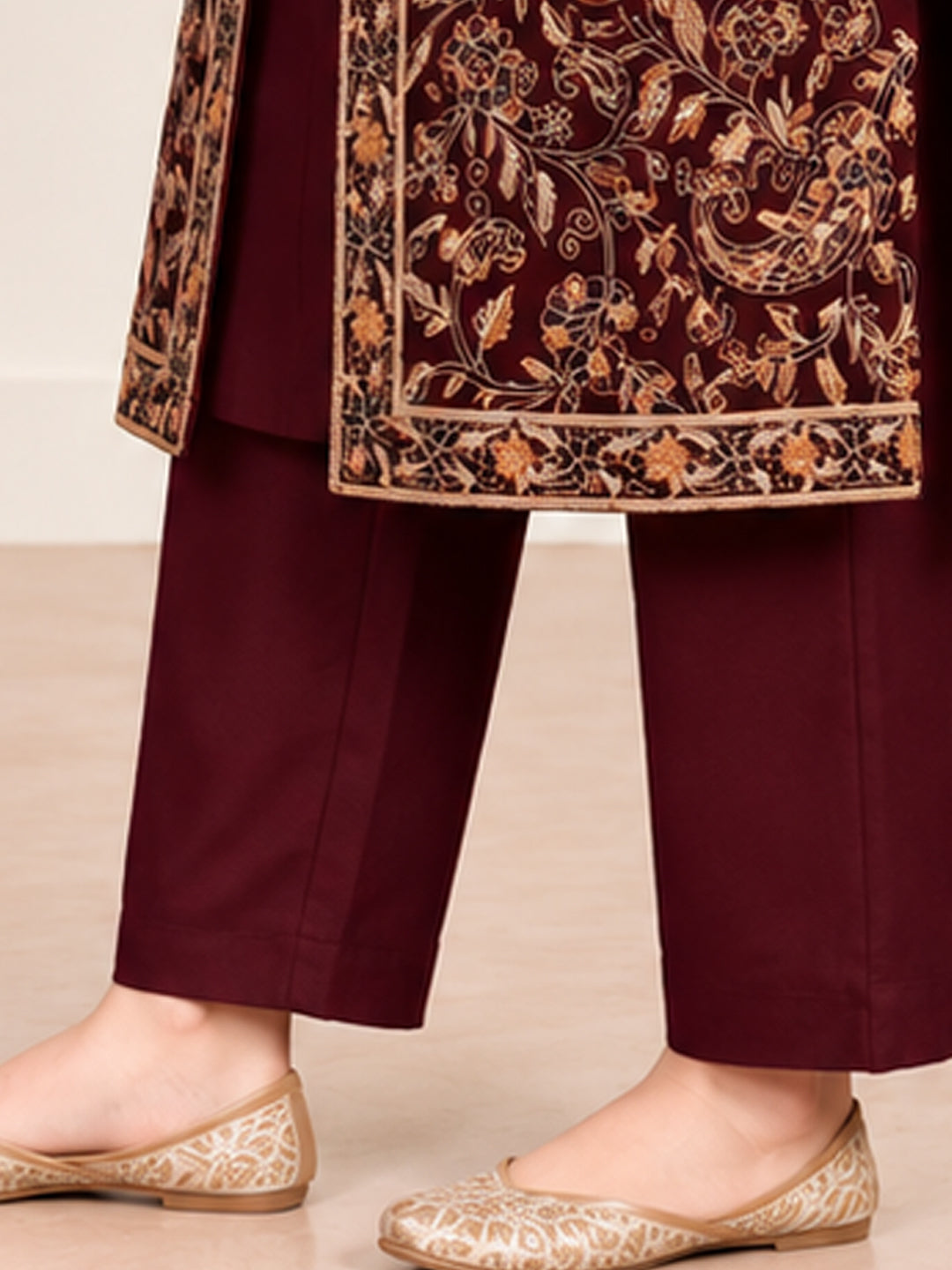 Embroidered 3-Piece Co-ord Shrug Set with Straight Pants and Inner Tank Top MAROON