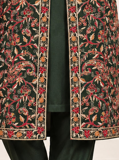 Embroidered 3-Piece Co-ord Shrug Set with Straight Pants and Inner Tank Top GREEN