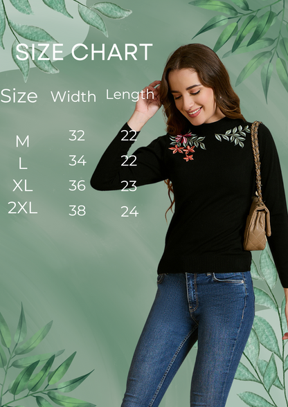 Floral Embroidered Array work Pullover Sweater for women Black