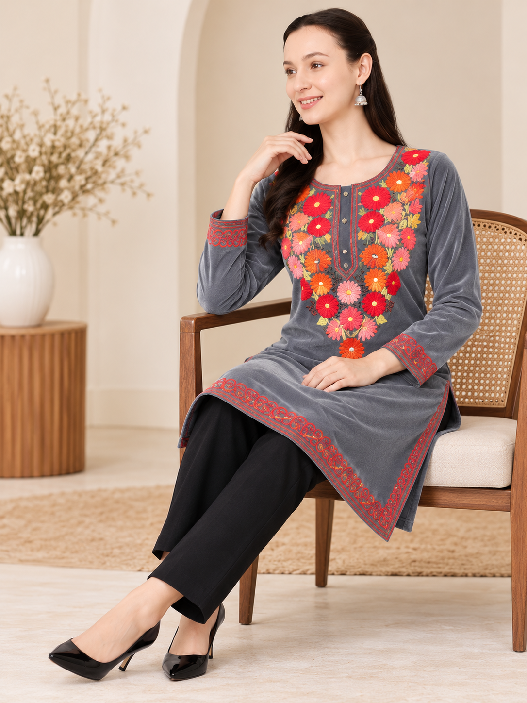 Clapton GREY Woolen Winter wear Embroidered Kashmiri Aari Work Kurta (PHERAN)