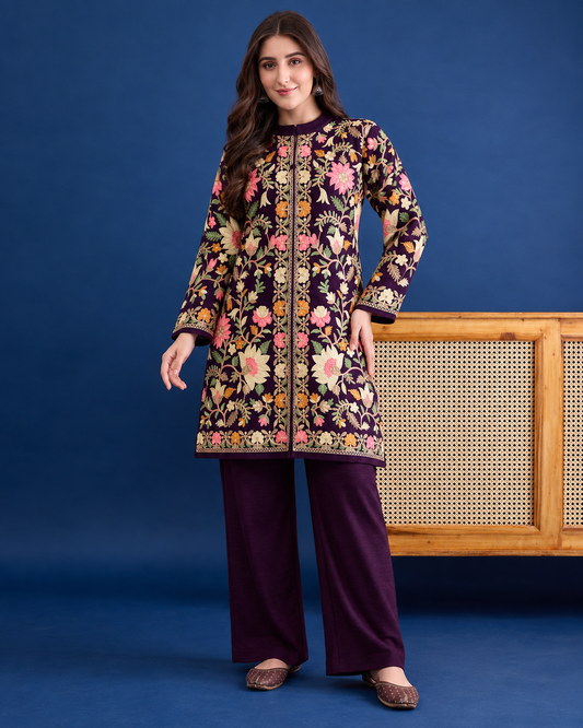 Women’S Embroidered Woolen Kurta With Straight-Fit Pants Co-Set PURPLE