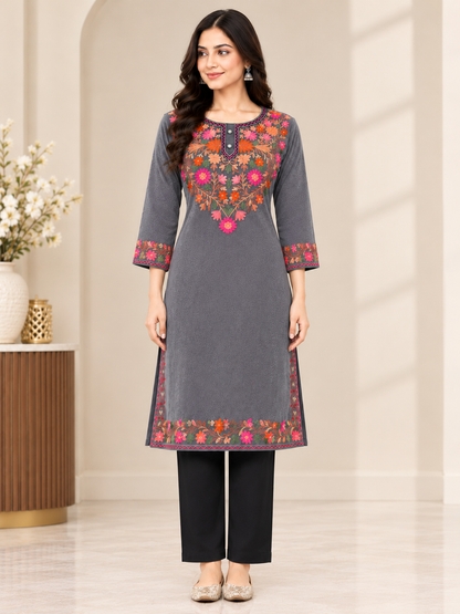 Clapton GREY Woolen Winter wear Embroidered Kashmiri Aari Work Kurta (PHERAN)